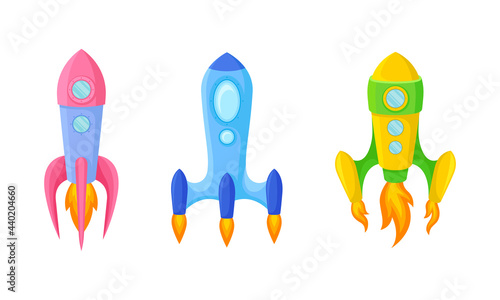 Bright Space Rocket Launching or Starting Up Vector Set