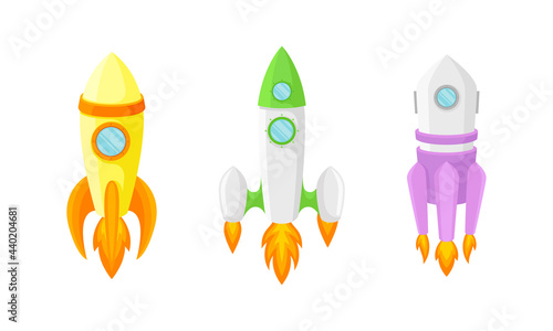 Bright Space Rocket Launching or Starting Up Vector Set