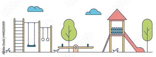 Playground for children. Landscape of park with swing, bench and slide. Vector illustration
