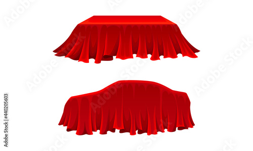 Red Silk Cloth or Smooth Fabric Covering Different Objects Vector Set
