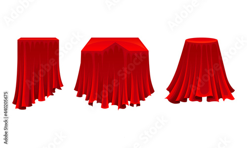 Red Silk Cloth or Smooth Fabric Covering Different Objects Vector Set