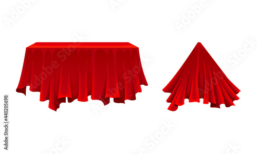 Red Silk Cloth or Smooth Fabric Covering Different Objects Vector Set