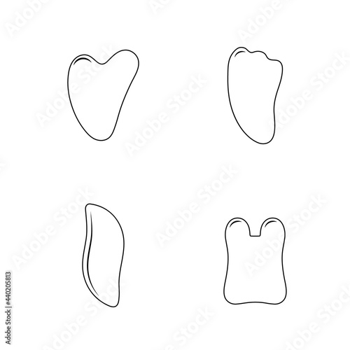 Gua sha for facial massage. Set of linear icons. Collection of different shape natural stones. Skin care and morning routine. Vector illustration in flat cartoon style.