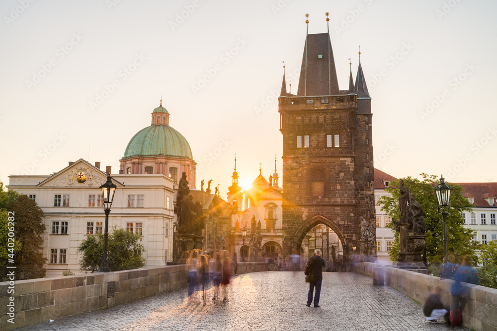 Fototapeta premium Long exposure view of Charles bridge at sunrise in Prague, Czech Republic