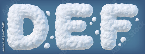 Snowy alphabet with letters D, E, F. Lettes made of snow. Winter font on blue background. Vector illustration