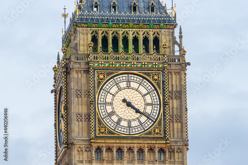 Big Ben clock face closeup view. London. England