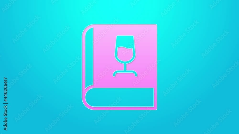 Pink line Book about wine icon isolated on blue background. Wine glass icon. Wineglass sign. 4K Video motion graphic animation Pink line Book about wine icon isolated on blue background. Wine glass icon. Wineglass sign. 4K Video motion graphic animation