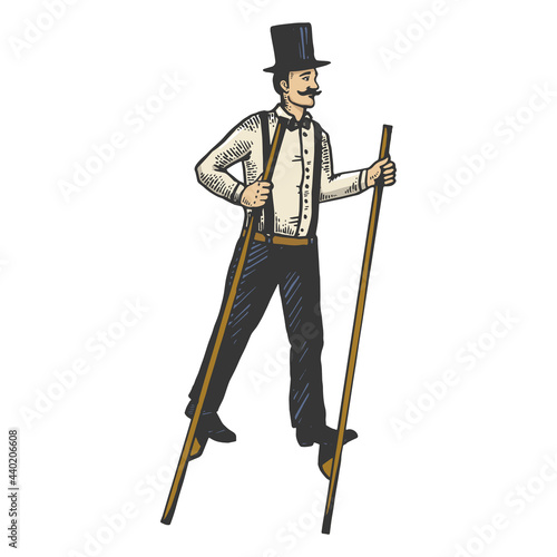 Man on stilts line art sketch engraving vector illustration. T-shirt apparel print design. Scratch board imitation. Black and white hand drawn image.
