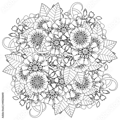 Mehndi flower for henna, mehndi, tattoo, decoration. decorative ornament in ethnic oriental style. doodle ornament. outline hand draw illustration. coloring book page. © REZI
