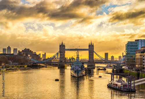 Tower Bridge at sunrise in London. England