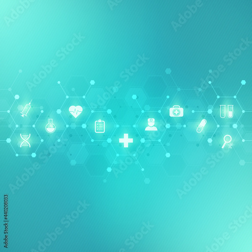 Illustration of a medical background with flat icons and symbols. Template design with concept and idea for the healthcare technology, innovation medicine, health, science and research