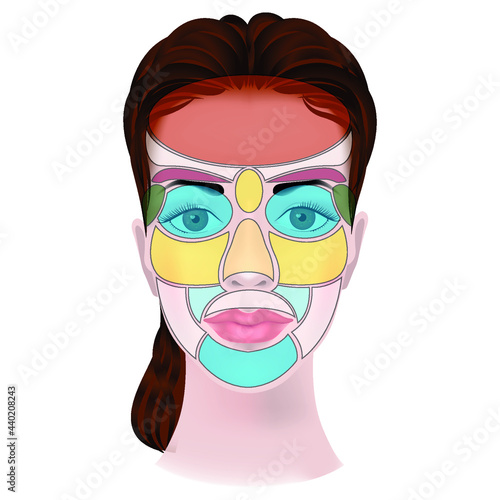 Facial reflexology diagram. Reflection of diseases. Health zones on the skin. Vector illustration