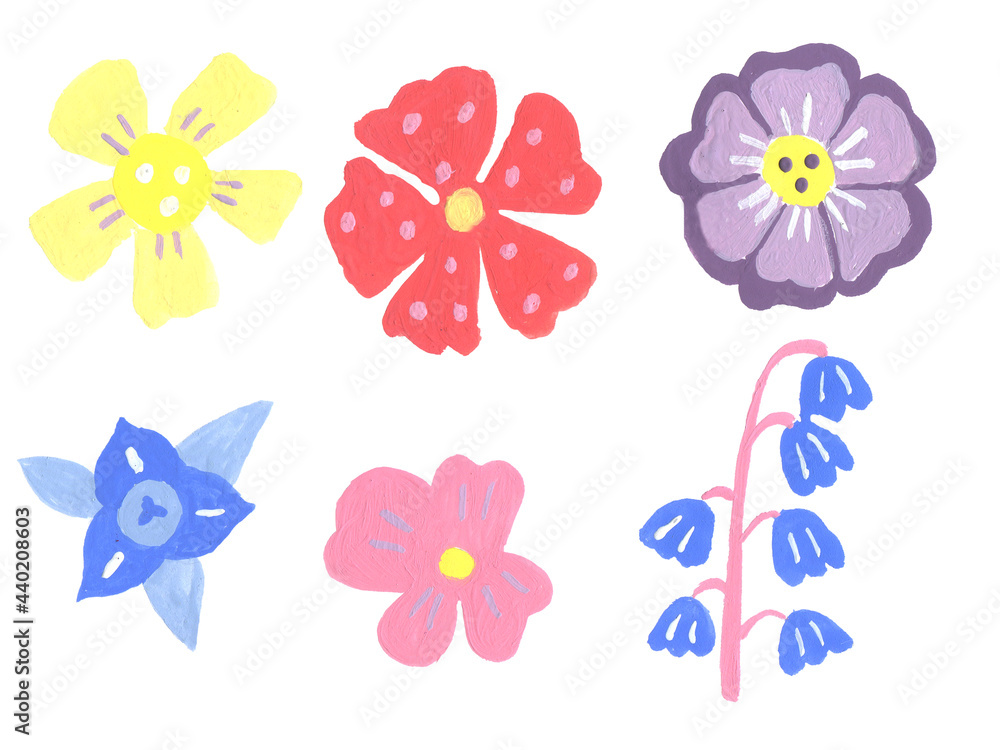 White background with different big gouache flowers