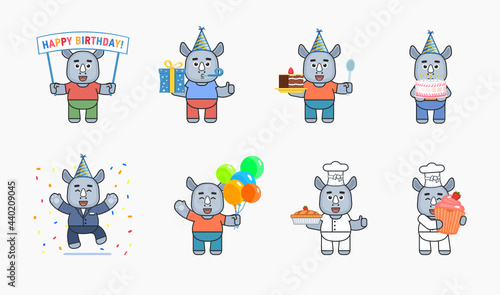 Cute rhino mascots in birthday pary set. Rhino with banner, cake, gift box, balloons, cupcake. Modern vector illustration