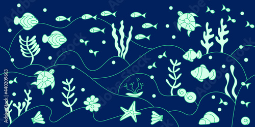 Seamless border Under water. Doodles of the underwater world, sea, ocean, river . Marine vector motif . Plants algae fish turtles. Aquariums. Hand-drawn vector illustration