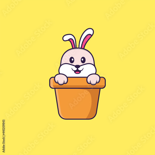 Cute rabbit in a flower vase. Animal cartoon concept isolated. Can used for t-shirt, greeting card, invitation card or mascot. Flat Cartoon Style
