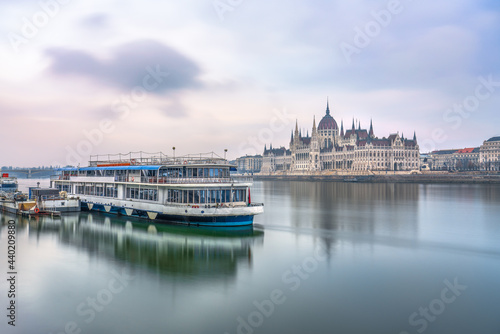 Photography Hungarian Parliament at sunrise in Budapest. Long Exposure