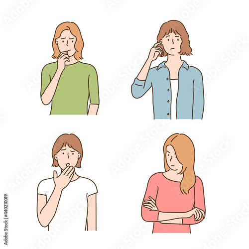 A female character with a sensitive and nervous expression. hand drawn style vector design illustrations.