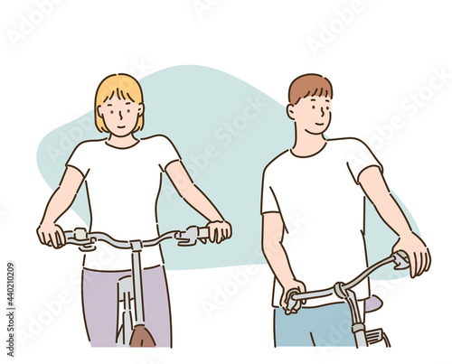 A man and a woman are riding bicycles. hand drawn style vector design illustrations.