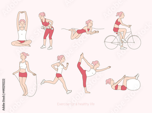 A female character doing various exercises. hand drawn style vector design illustrations.