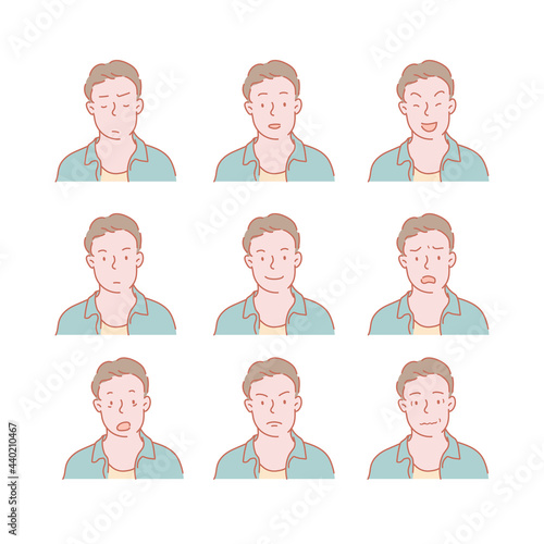 Collection of icons of various facial expressions of men. hand drawn style vector design illustrations.