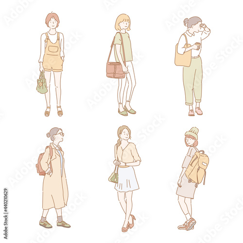 Stylish woman casual fashion.  hand drawn style vector design illustrations.