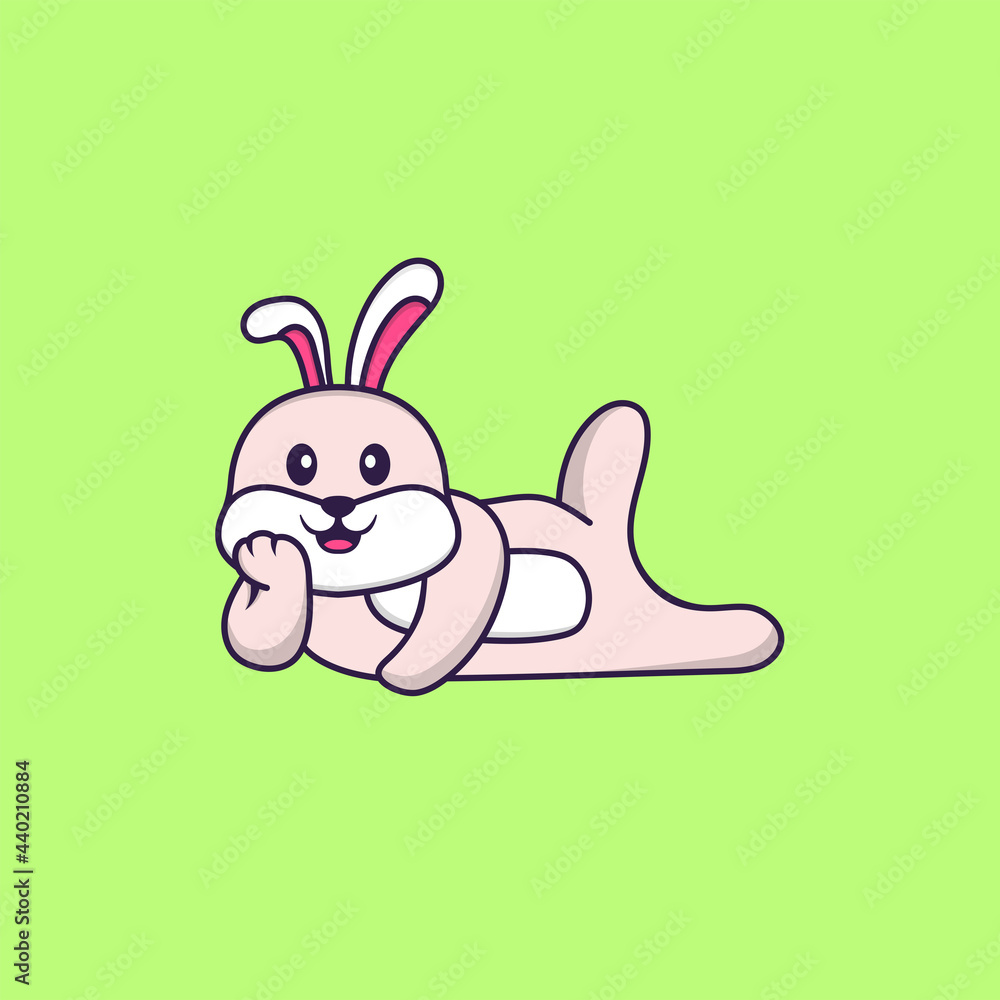 Obraz premium Cute rabbit lying down. Animal cartoon concept isolated. Can used for t-shirt, greeting card, invitation card or mascot. Flat Cartoon Style
