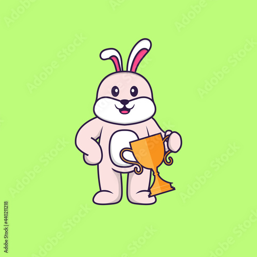 Cute rabbit holding gold trophy. Animal cartoon concept isolated. Can used for t-shirt, greeting card, invitation card or mascot. Flat Cartoon Style