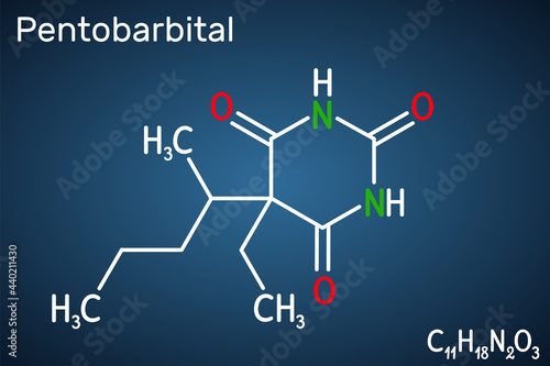 Pentobarbital, pentobarbitone molecule. It is sedative, hypnotic agent. Is used for the treatment of short term insomnia. Structural chemical formula on the dark blue background