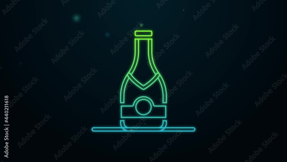Glowing neon line Champagne bottle icon isolated on black background. 4K Video motion graphic animation Glowing neon line Champagne bottle icon isolated on black background. 4K Video motion graphic animation