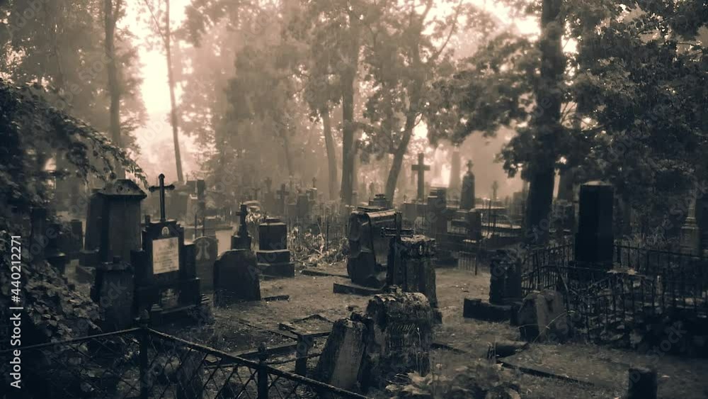 XIX century Bernardine cemetery. Filmed during heavy rain. Slow motion, sepia tone. Vilnius, Lithuania, 2021 XIX century Bernardine cemetery. Filmed during heavy rain. Slow motion, sepia tone. Vilnius, Lithuania, 2021
