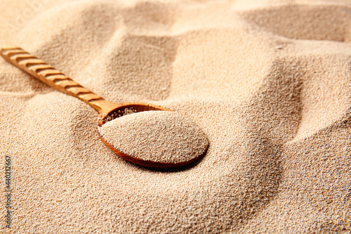 Organic active dry yeast and wooden spoon, closeup photo