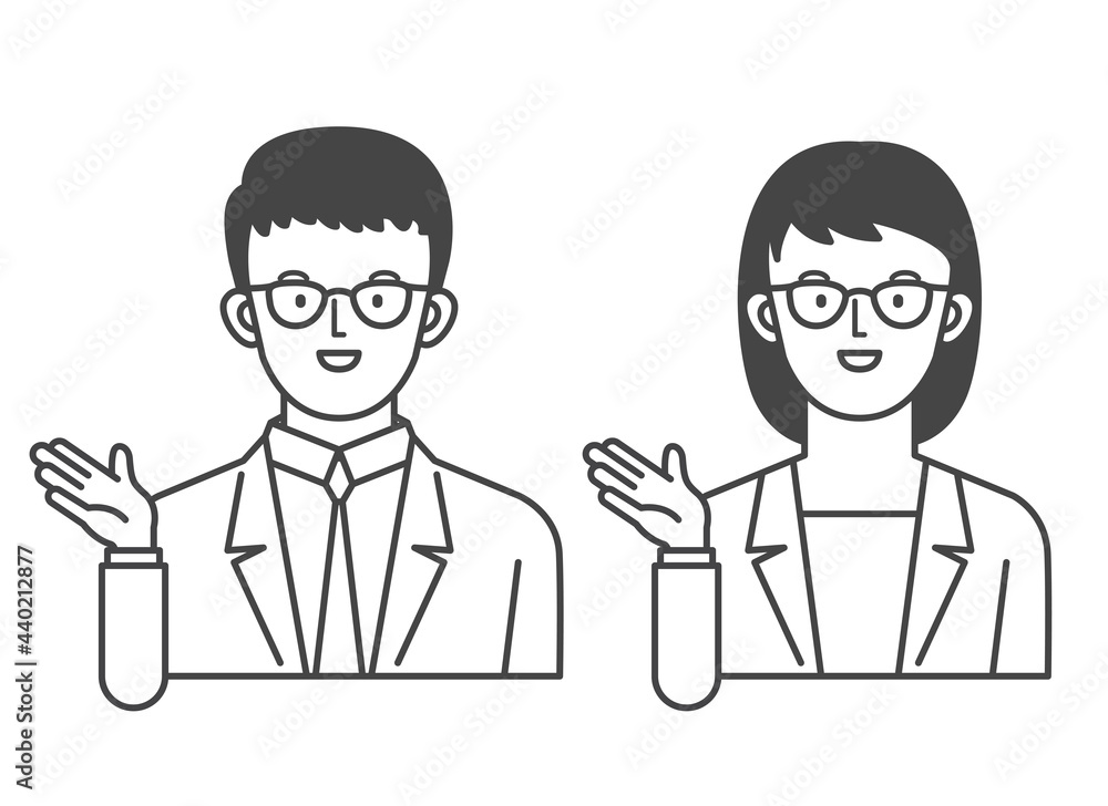 紹介するビジネスマン 男性 女性 Illustration of a businessman to introduce. 紹介するビジネスマン 男性 女性 Illustration of a businessman to introduce.