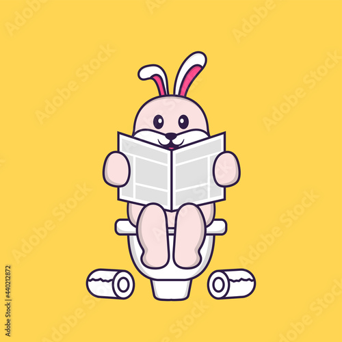 Cute rabbit Pooping On Toilet and read newspaper. Animal cartoon concept isolated. Can used for t-shirt, greeting card, invitation card or mascot. Flat Cartoon Style