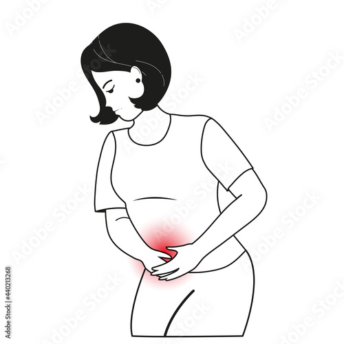A woman with abdominal pain. The girl is in a bad mood because of abdominal discomfort or menstrual pain. Clip art, vector illustration in a linear style, contour image.