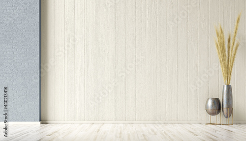 Fototapeta Naklejka Na Ścianę i Meble -  Interior background of empty room with beige and blue stucco, brick wall with copy space and pot with pampas grass 3d rendering