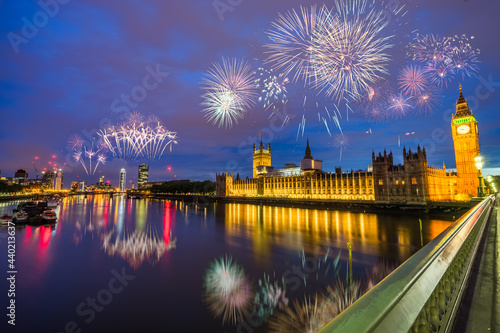 Fireworks display near Big Ben and Westminster bridge