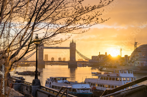 Tower Bridge at sunrise in London. England