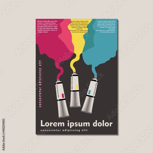 Poster in the style of postmodernism. A tube of RGB paint, squeezed out and mixed on a palette. For interior design, background, poster design, first page of the magazine, high-tech printing, cover.