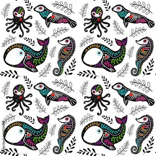 Vector colorful seamless pattern. Dia de los Muertos, Day of the dead or Halloween concept. Sea horse, octopus, whale and seal. Sea dwellers skeletons, with leaves, isolated on white background