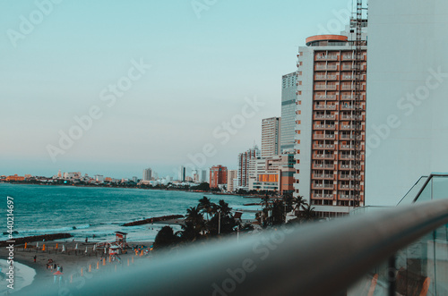 Foto desde un balcÃ³n enfocando los edificios que estan a la orilla del mar de Cartagena Colombia photo
