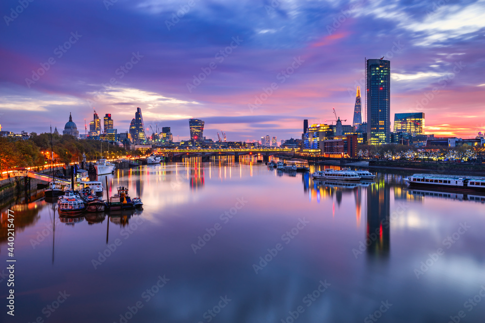 Beautiful sunrise skyline of London south bank and financial district 