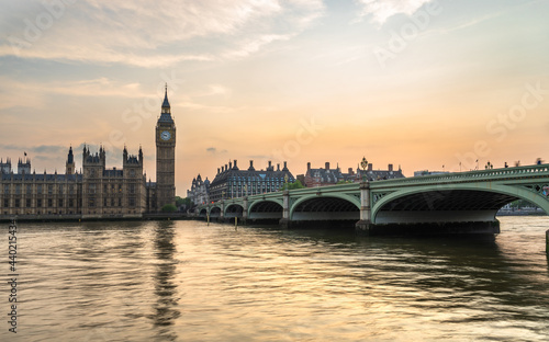 Big Ben and Westminster bridge at sunset in London. Enggland