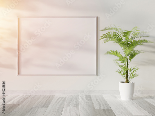 White frame hanging in bright interior mockup. Template of a picture framed on a wall 3D rendering