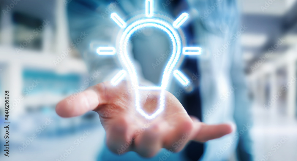 Man using lightbulb neon digital interface 3D rendering Man using lightbulb neon digital interface 3D rendering