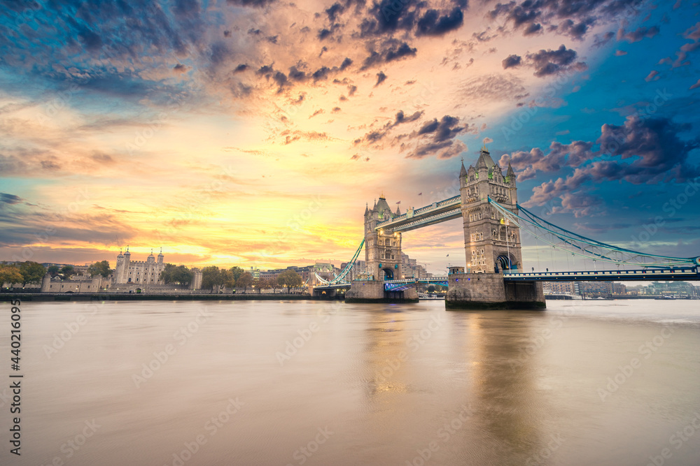 Tower Bridge in London at sunrise. England 