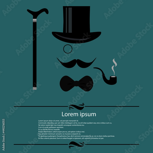 Black top hat, bow tie, monocle, and mustache. Fashionable vector illustration on white background for gift card, certificate, banner, logo.