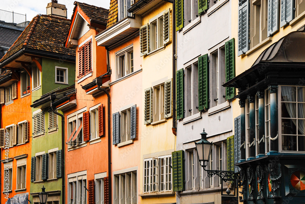 colourful residential buildings along a street. Zurich, Switzerland