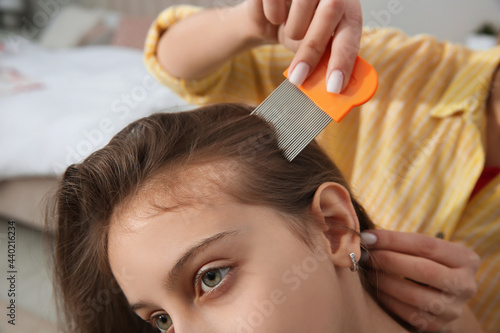 Mother using nit comb on her daughter's hair indoors. Anti lice treatment photo