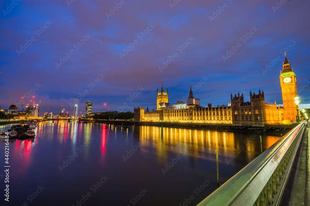 Big Ben and Westminster at night in London. England